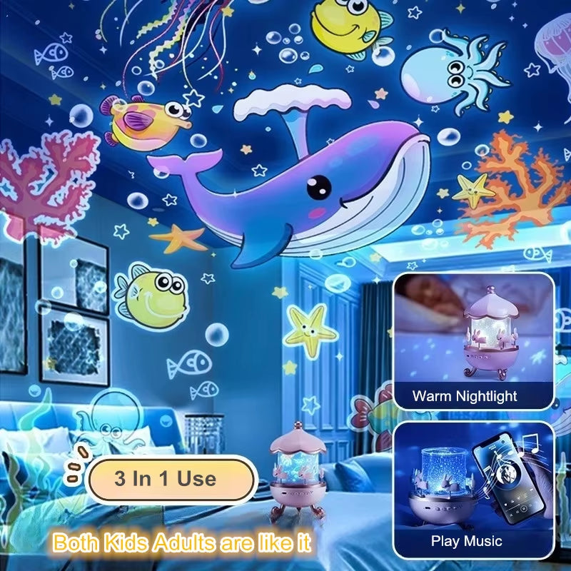 Enchanting Kids Night Light Projector with 21 Films & Bluetooth Music Player - Rechargeable Star Projector for Magical Bedroom Decor and Perfect Birthday Gift