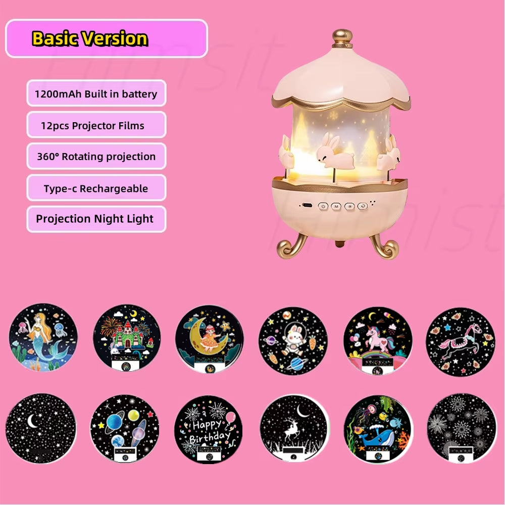 Enchanting Kids Night Light Projector with 21 Films & Bluetooth Music Player - Rechargeable Star Projector for Magical Bedroom Decor and Perfect Birthday Gift